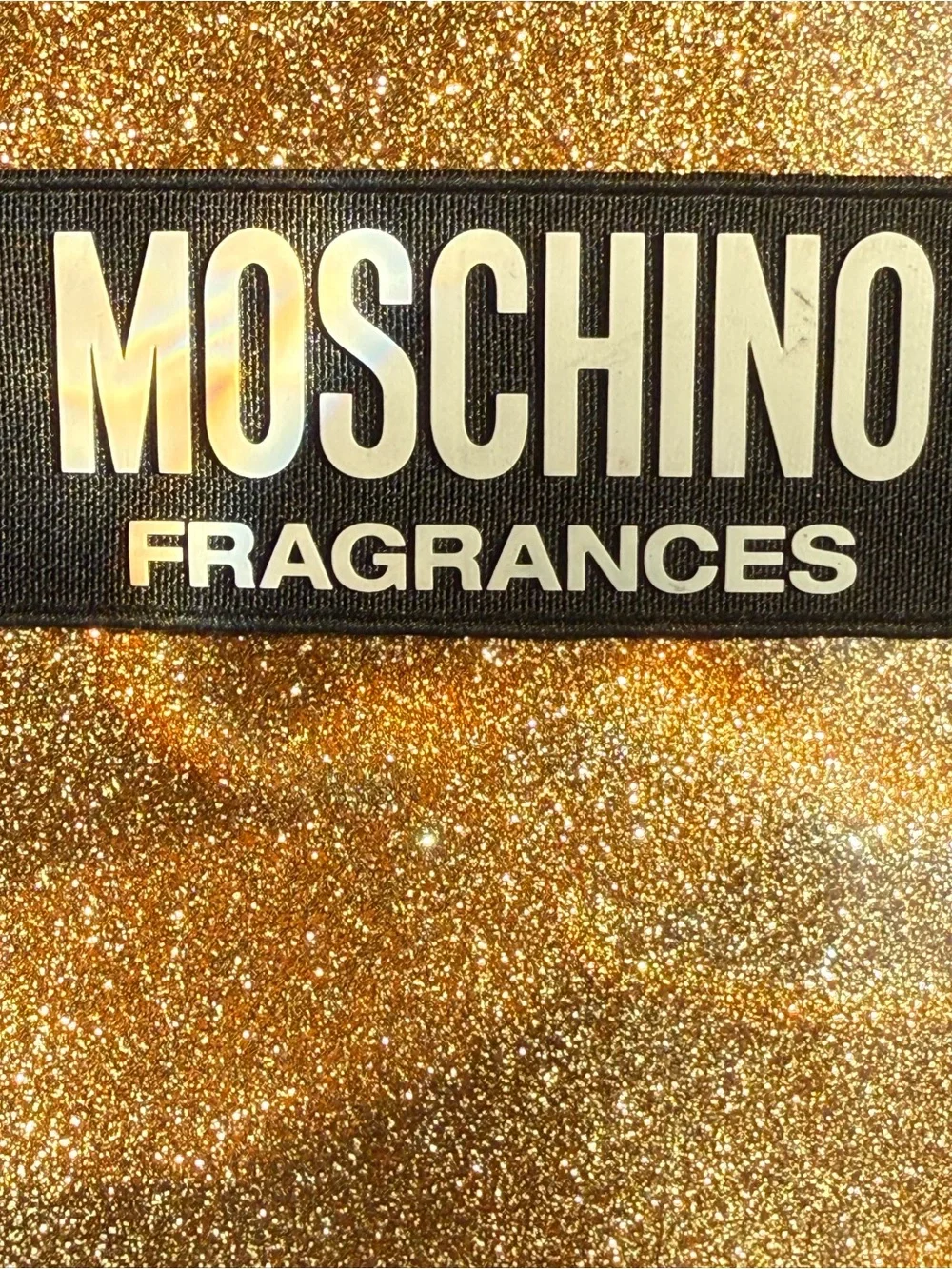 Moschino Gold Glitter Cosmetic Pouch with Branded Strap